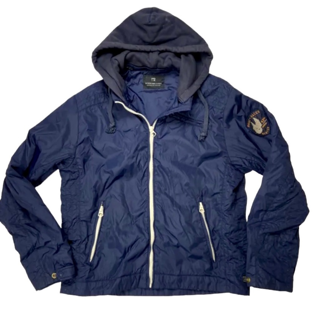 Scotch & Soda Mens Sz M/L Amsterdam Lined Motorcycle Hooded Blue Jacket Logo